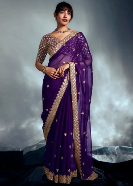 Purple Embroidered Chiffon Saree