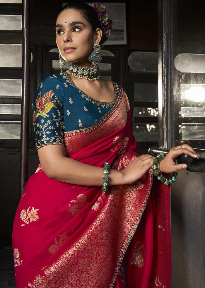 Red Banarasi Silk Saree with Blue Embroidered Blouse