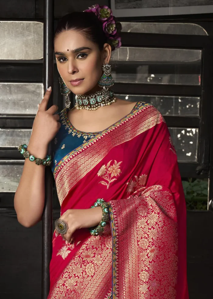 Red Banarasi Silk Saree with Blue Embroidered Blouse