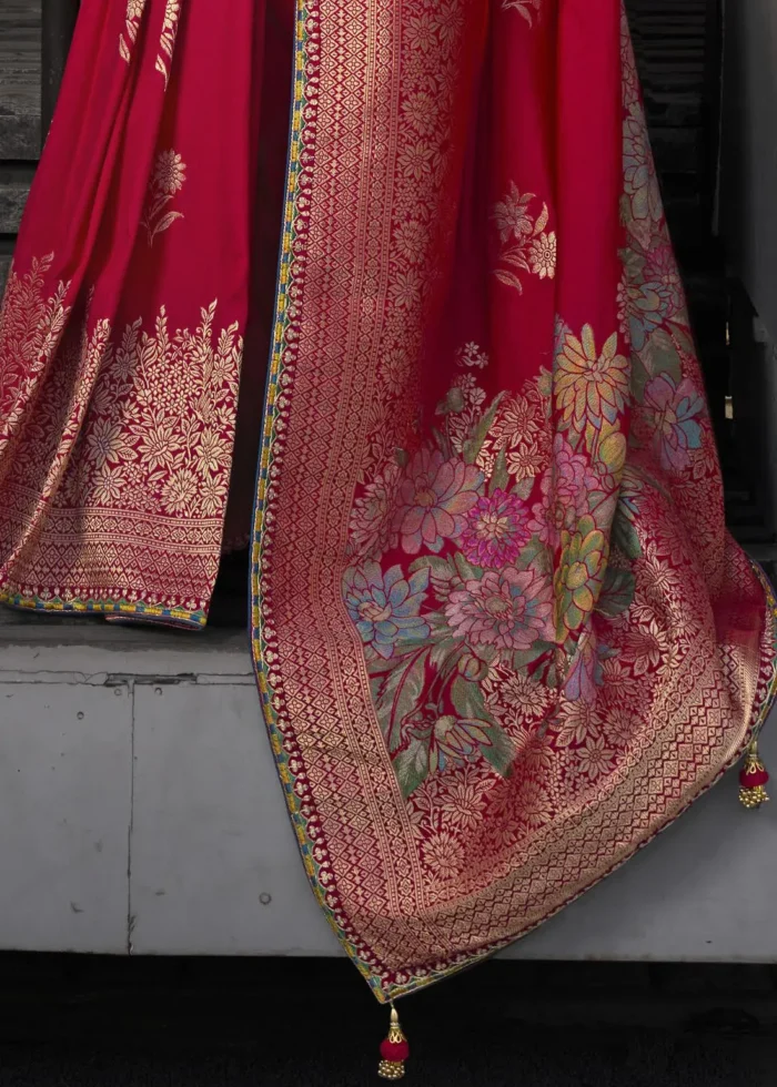 Red Banarasi Silk Saree with Blue Embroidered Blouse
