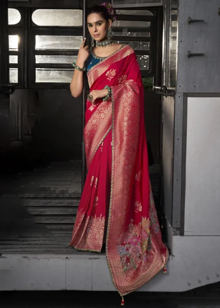 Red Banarasi Silk Saree with Blue Embroidered Blouse