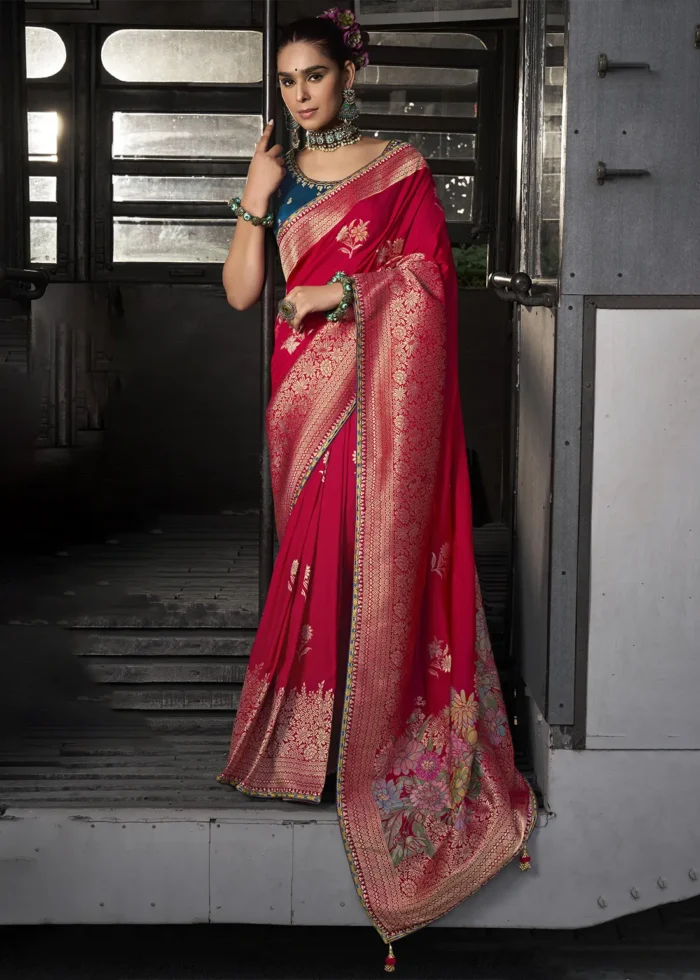 Red Banarasi Silk Saree with Blue Embroidered Blouse