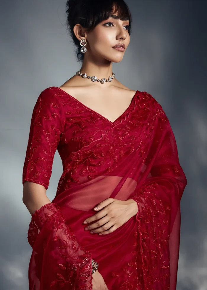Red Embroidered Chiffon Saree for Wedding