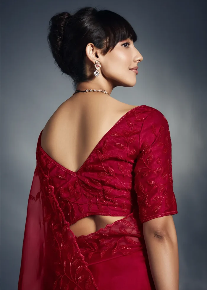 Red Embroidered Chiffon Saree for Wedding
