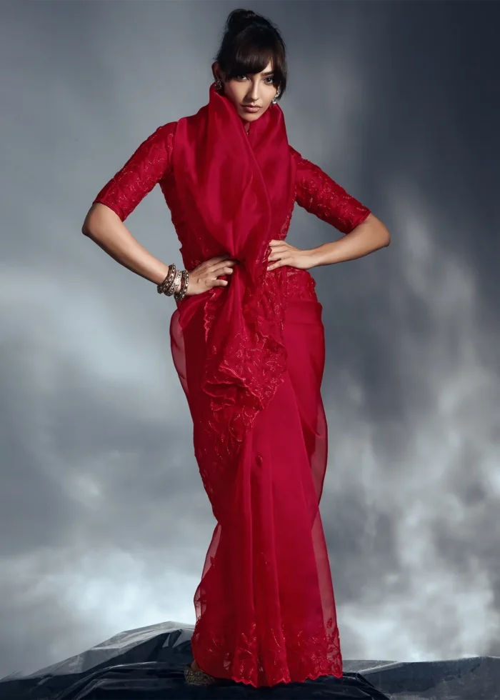 Red Embroidered Chiffon Saree for Wedding