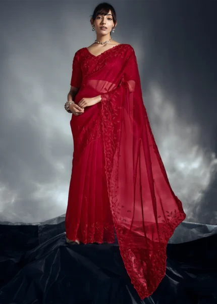 Red Embroidered Chiffon Saree for Wedding