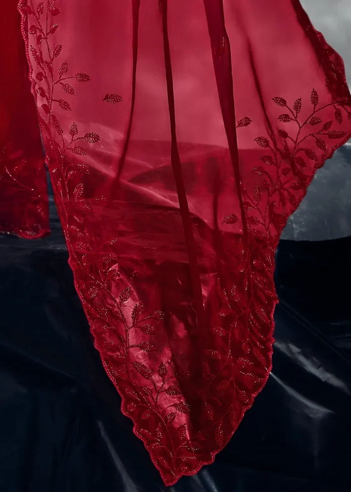 Red Embroidered Chiffon Saree for Wedding