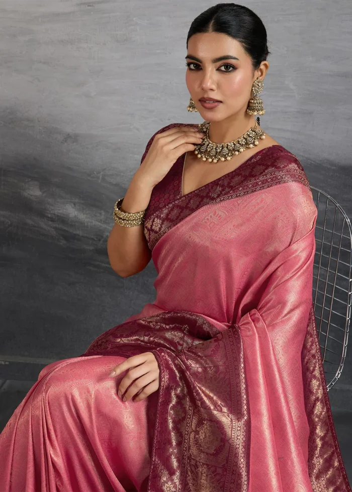 Rose Pink Kanjivaram Silk Saree with Meenakari