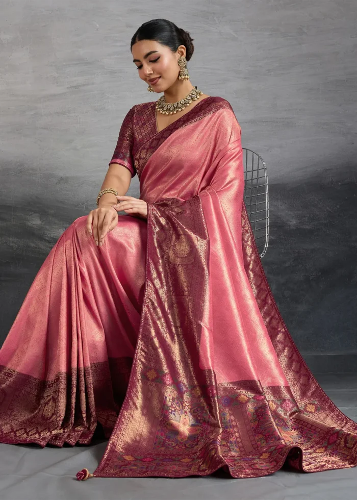 Rose Pink Kanjivaram Silk Saree with Meenakari