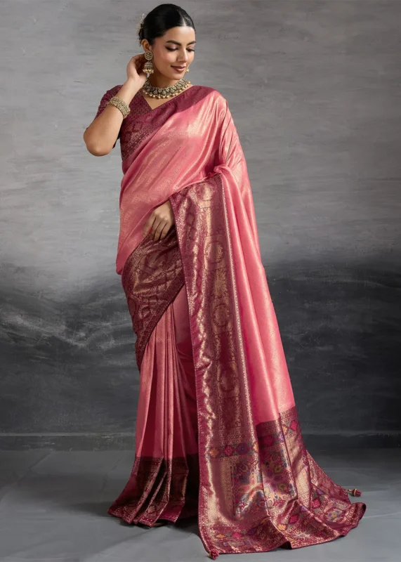 Rose Pink Kanjivaram Silk Saree with Meenakari