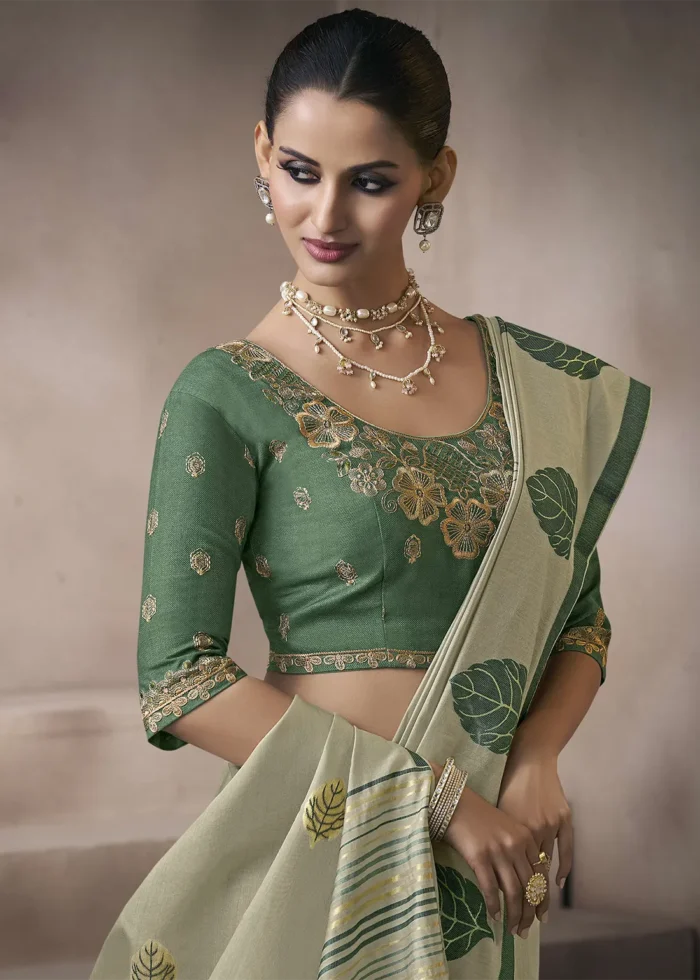 Sage Green Cotton Saree with Embroidered Blouse