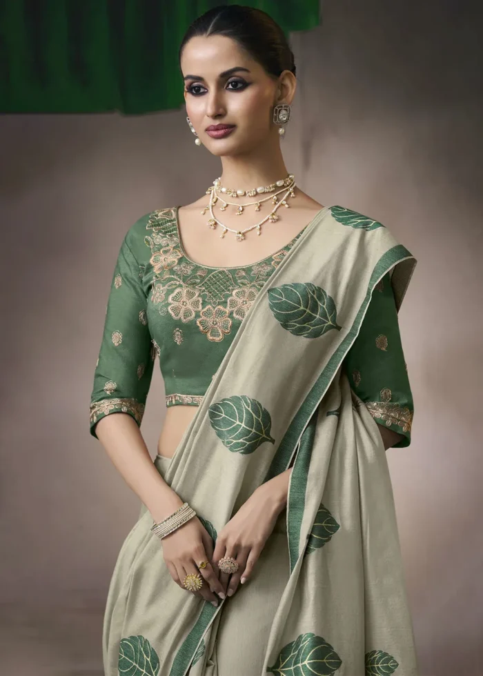 Sage Green Cotton Saree with Embroidered Blouse