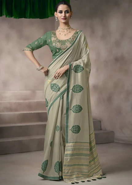 Sage Green Cotton Saree with Embroidered Blouse
