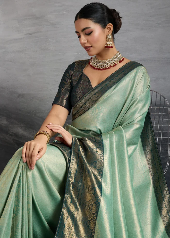 Sea Green Kanjivaram Silk Saree with Meenakari