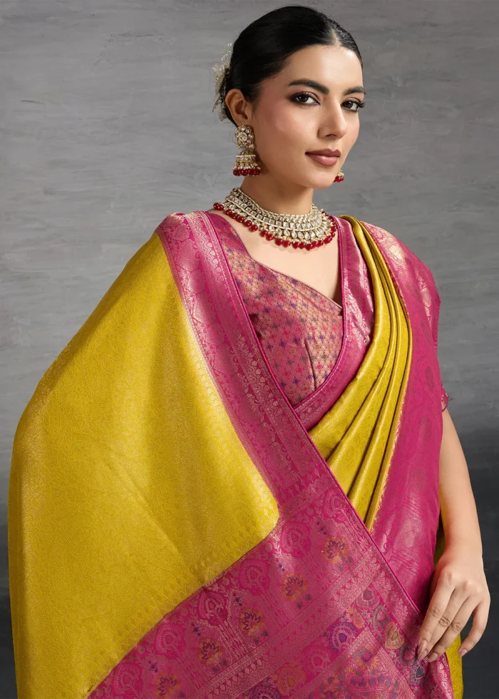Sunny Yellow Kanjivaram Silk Saree with Meenakari - Image 2