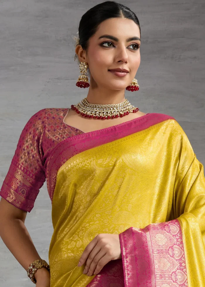 Sunny Yellow Kanjivaram Silk Saree with Meenakari - Image 4