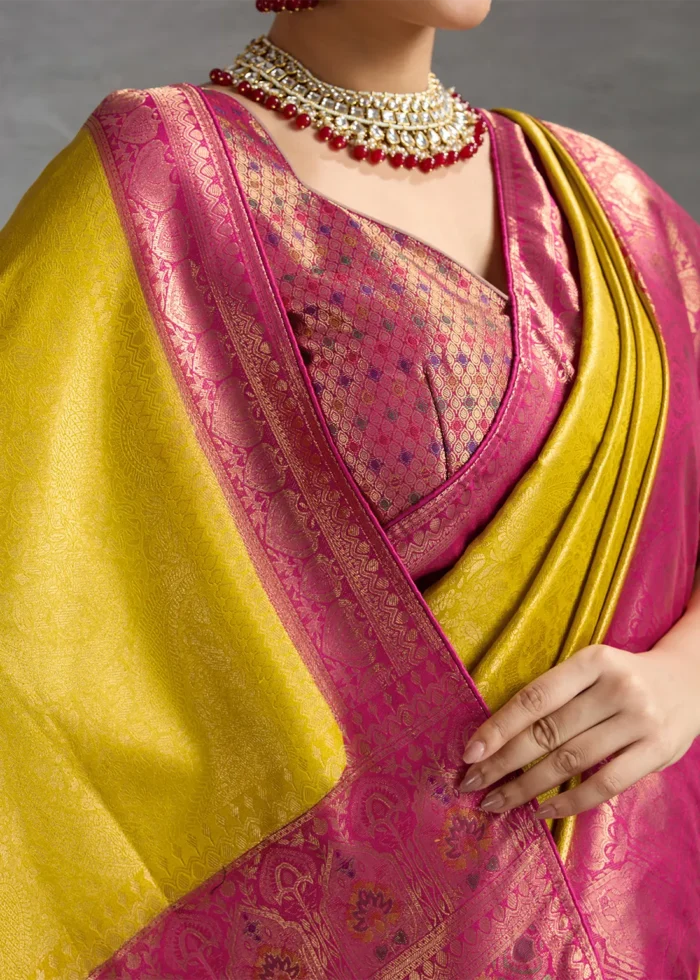 Sunny Yellow Kanjivaram Silk Saree with Meenakari - Image 5