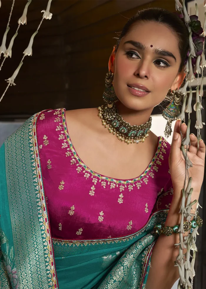 Teal Banarasi Silk Saree with Pink Embroidered Blouse
