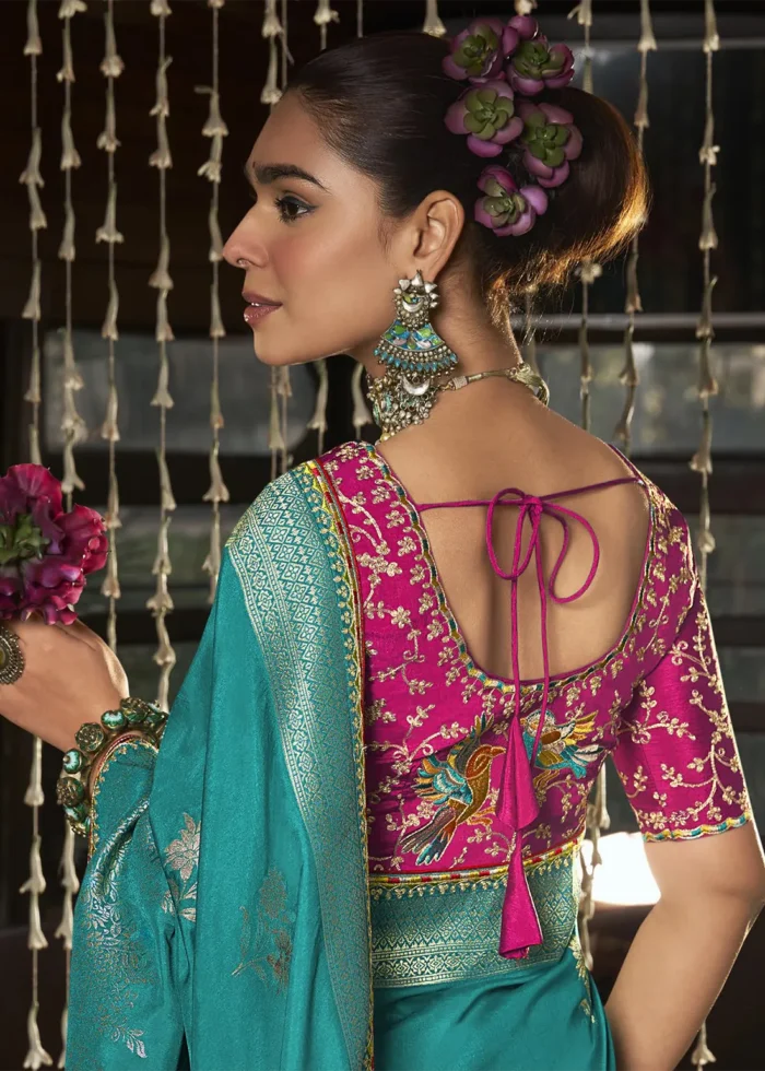 Teal Banarasi Silk Saree with Pink Embroidered Blouse