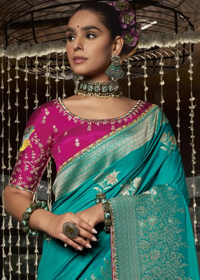 Teal Banarasi Silk Saree with Pink Embroidered Blouse