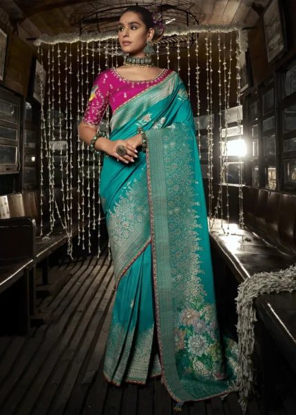 Teal Banarasi Silk Saree with Pink Embroidered Blouse
