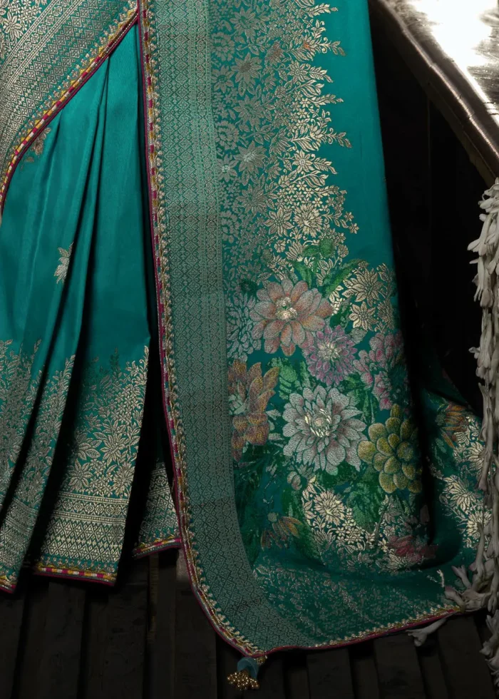 Teal Banarasi Silk Saree with Pink Embroidered Blouse