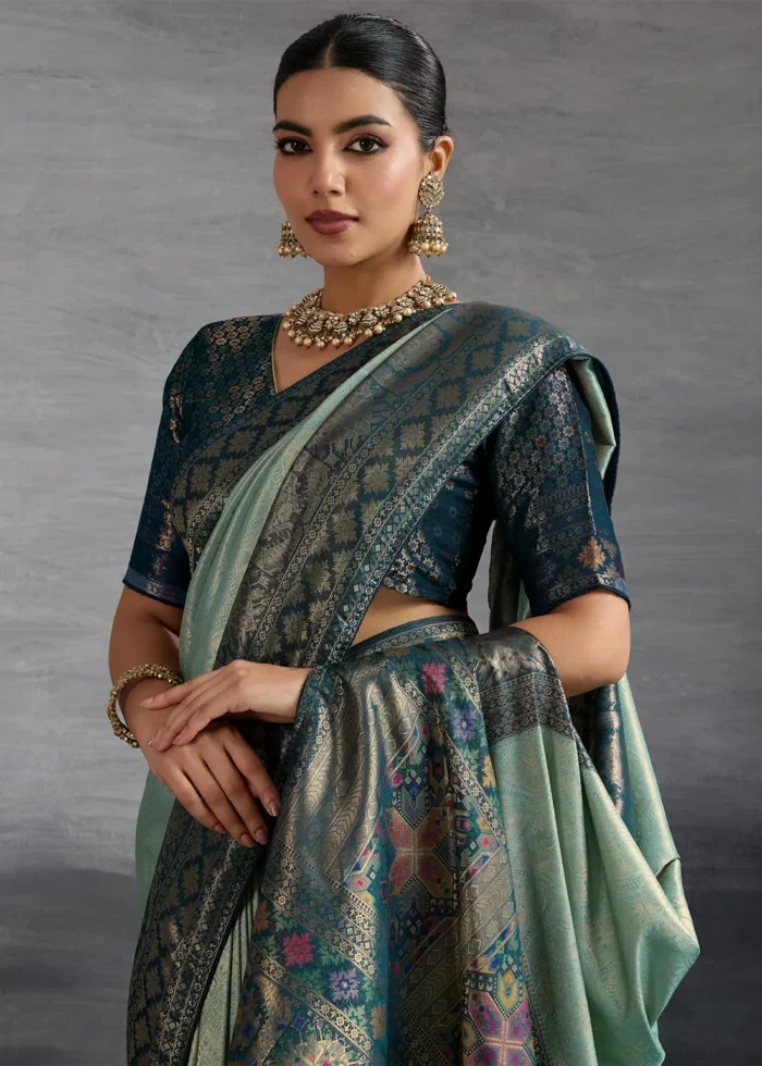 Turquoise Kanjivaram Silk Saree with Meenakari