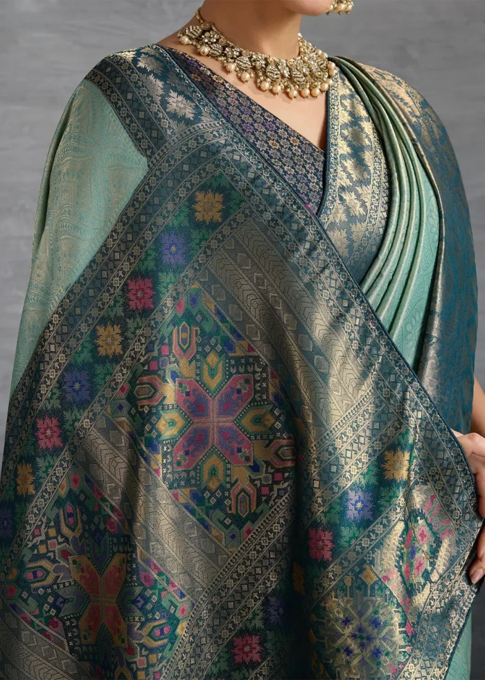 Turquoise Kanjivaram Silk Saree with Meenakari