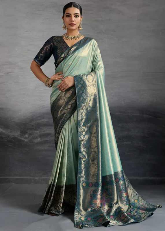 Turquoise Kanjivaram Silk Saree with Meenakari