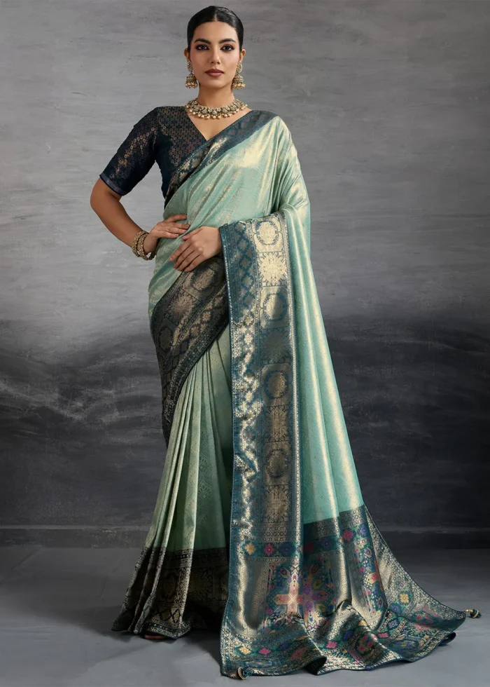 Turquoise Kanjivaram Silk Saree with Meenakari