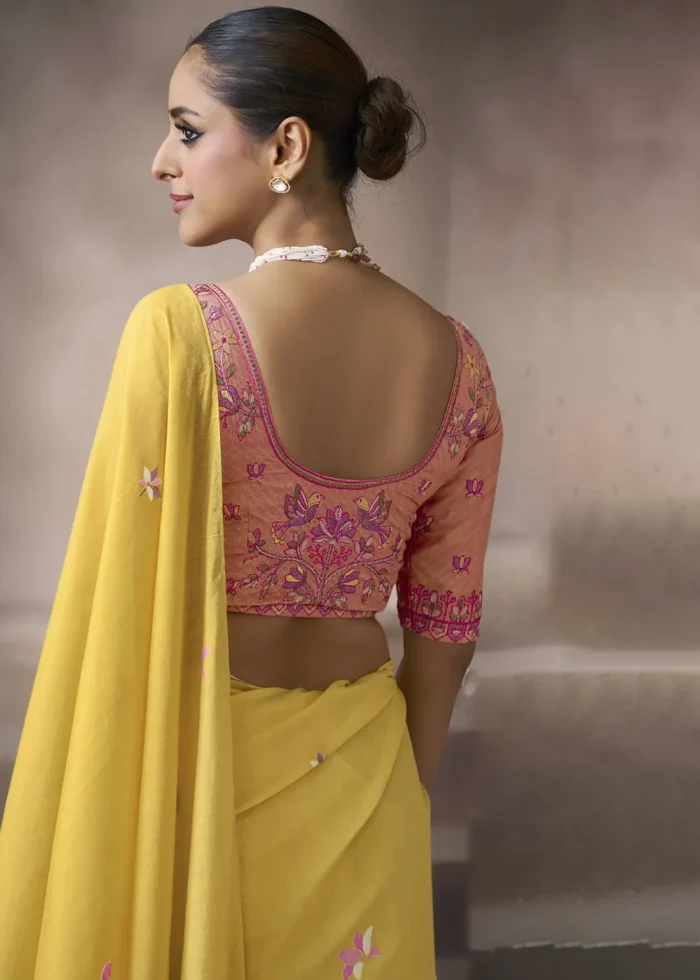 Yellow Cotton Saree with Embroidered Blouse