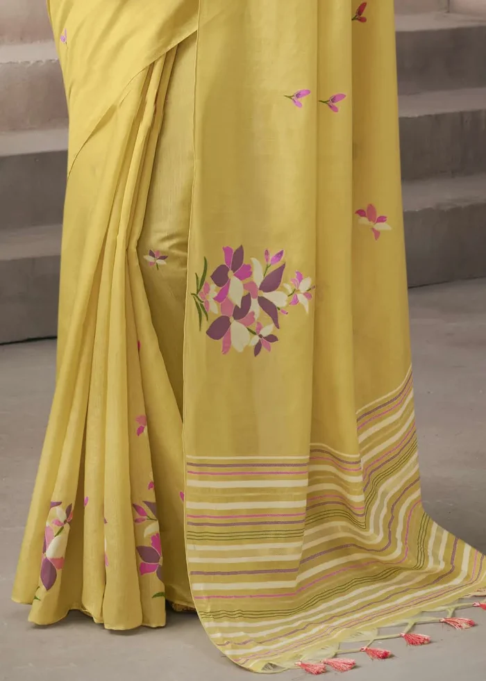Yellow Cotton Saree with Embroidered Blouse