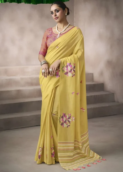 Yellow Cotton Saree with Embroidered Blouse
