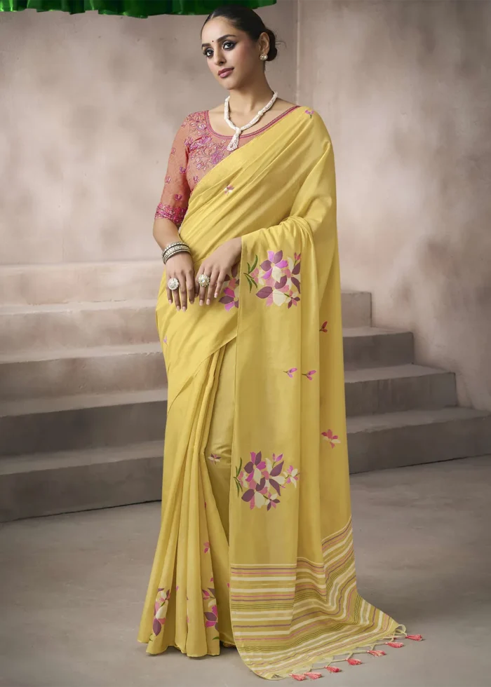 Yellow Cotton Saree with Embroidered Blouse