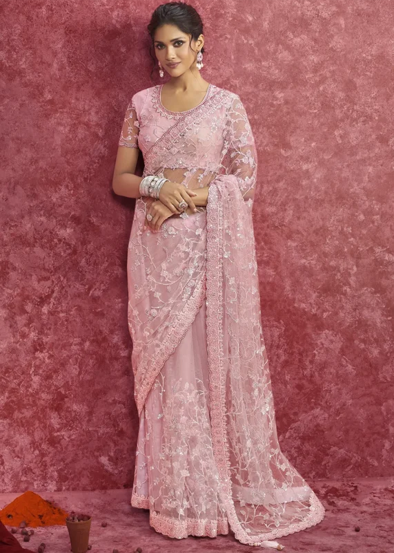 Blush Pink Embroidered Net Saree with Stone Work