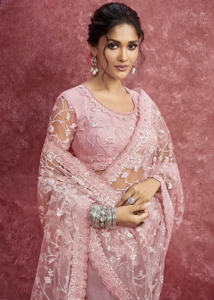 Blush Pink Embroidered Net Saree with Stone Work