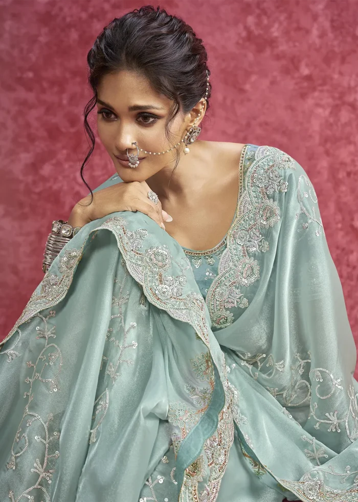 Aqua Blue Embroidered Dola Silk Saree with Stone Work