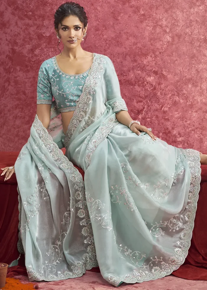 Aqua Blue Embroidered Dola Silk Saree with Stone Work