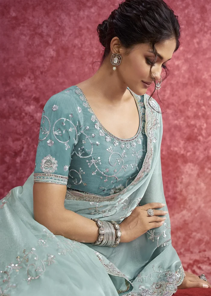 Aqua Blue Embroidered Dola Silk Saree with Stone Work