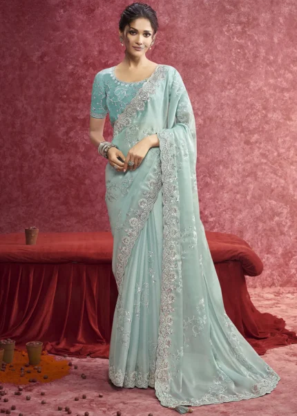 Aqua Blue Embroidered Dola Silk Saree with Stone Work