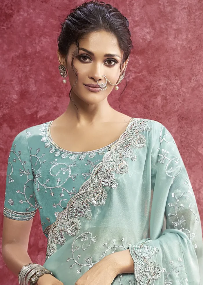 Aqua Blue Embroidered Dola Silk Saree with Stone Work