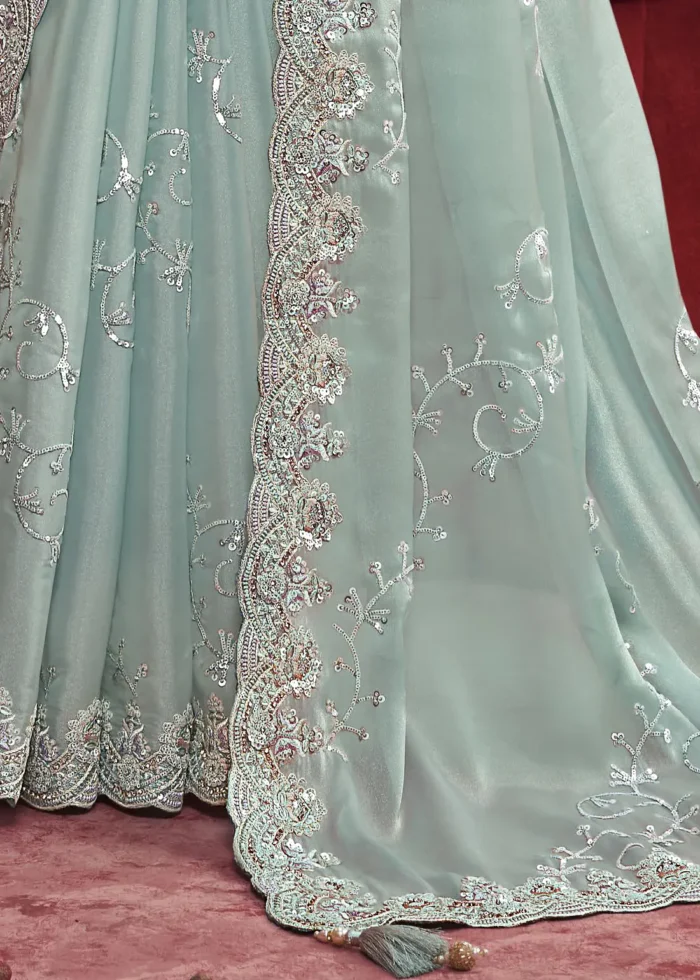 Aqua Blue Embroidered Dola Silk Saree with Stone Work