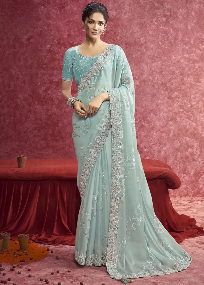 Aqua Blue Embroidered Dola Silk Saree with Stone Work