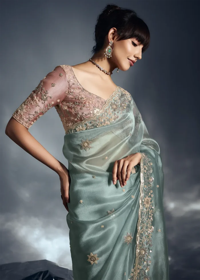 Aqua Blue Embroidered Organza Saree for Wedding