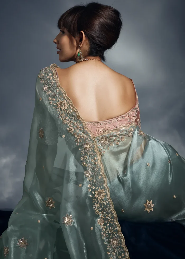 Aqua Blue Embroidered Organza Saree for Wedding
