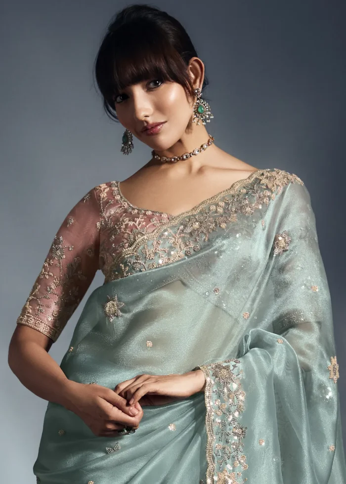Aqua Blue Embroidered Organza Saree for Wedding