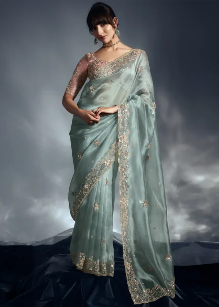 Aqua Blue Embroidered Organza Saree for Wedding