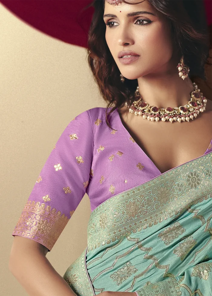 Aqua Green Dola Silk Banarasi Saree with Lavender Blouse