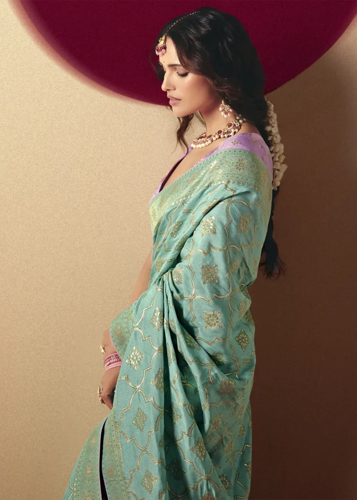 Aqua Green Dola Silk Banarasi Saree with Lavender Blouse