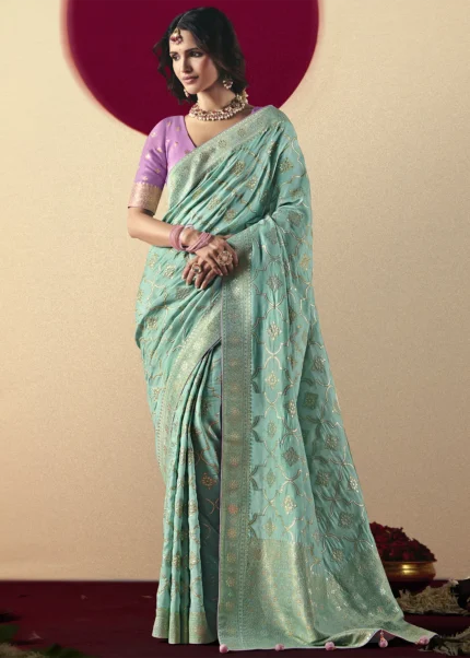 Aqua Green Dola Silk Banarasi Saree with Lavender Blouse